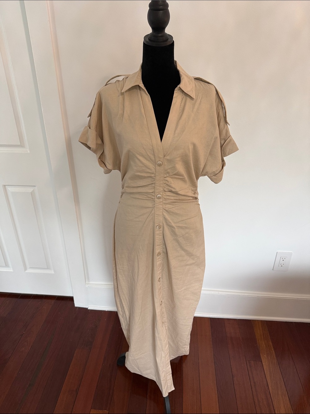 Zara Beige Button-Front Midi Shirt Dress